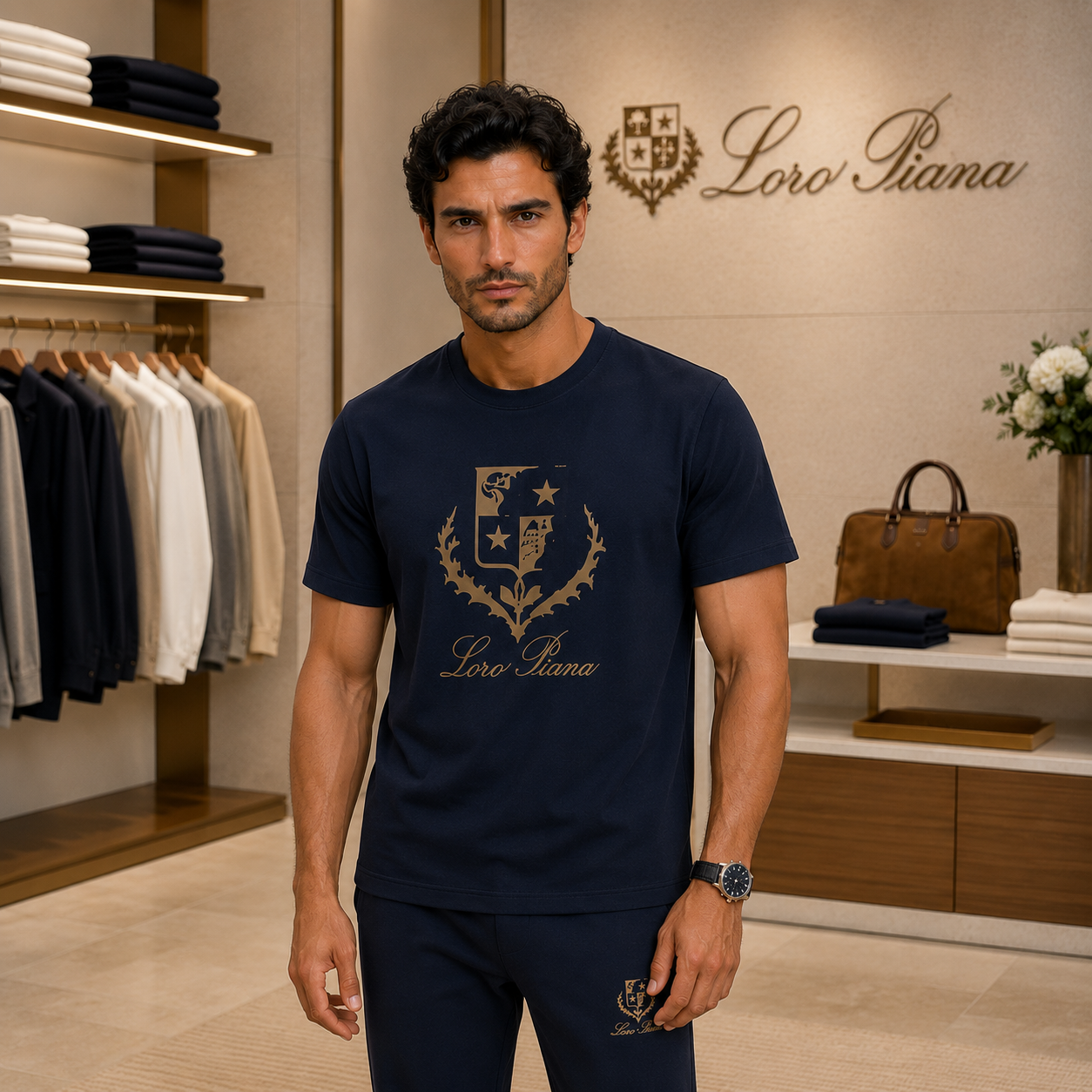 Loro Piana Navy Blue T-Shirt & Jogger Set
