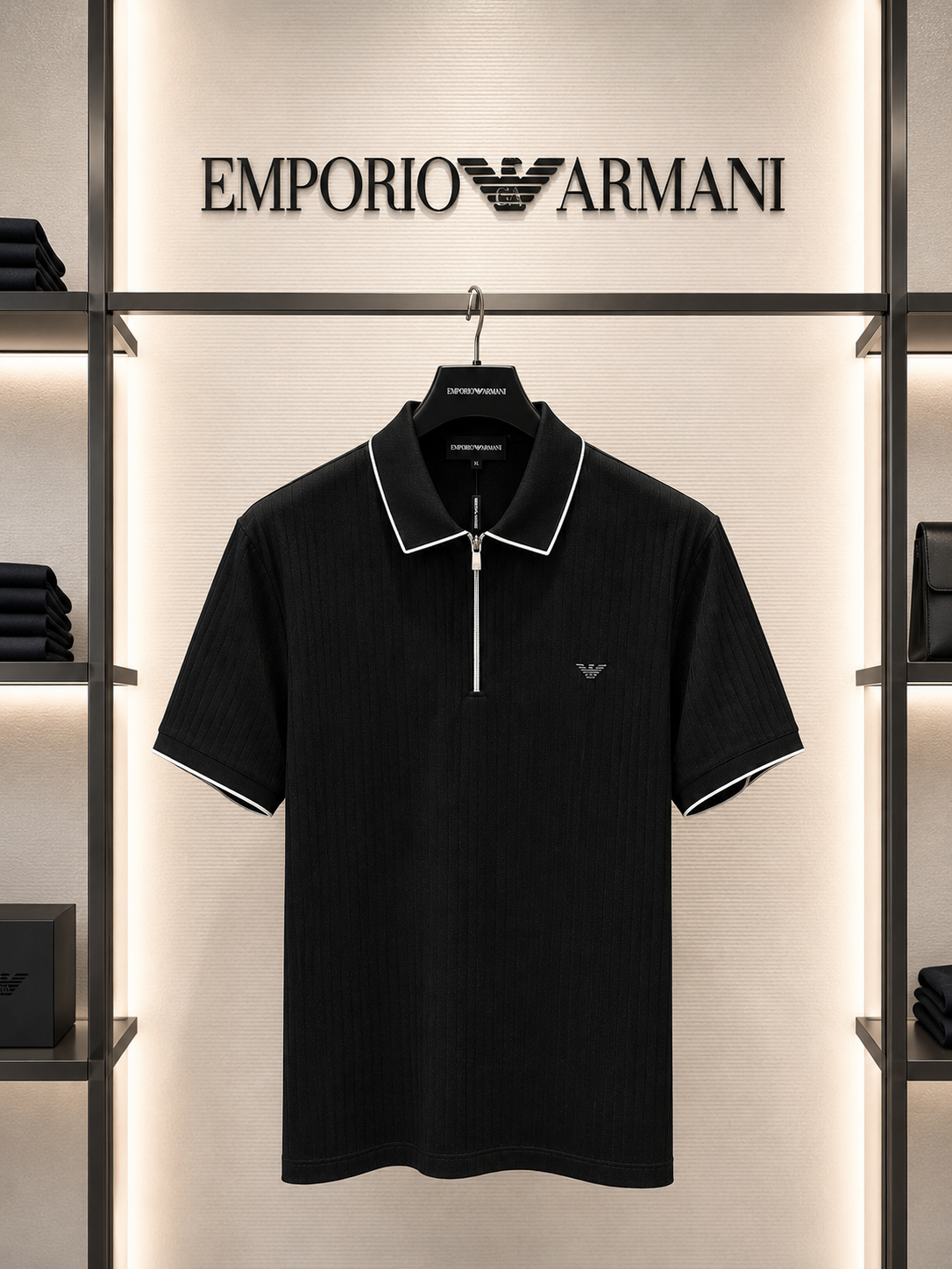 Emporio Armani Black Ribbed Zip Polo Shirt – Premium Cotton Slim Fit | Men's Luxury Casual Polo