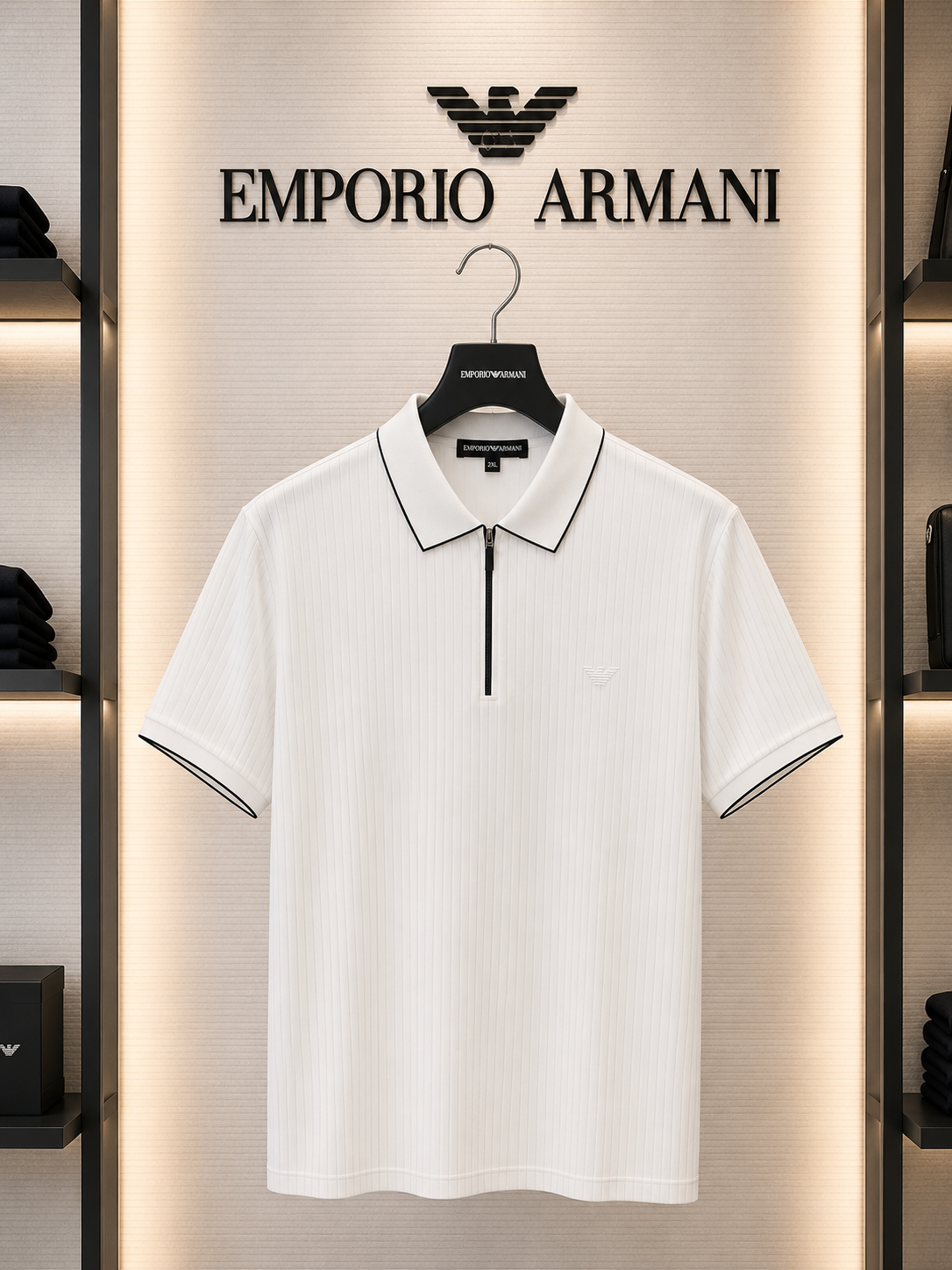 Emporio Armani White Ribbed Zip Polo Shirt – Premium Cotton Slim Fit | Men's Luxury Casual Polo