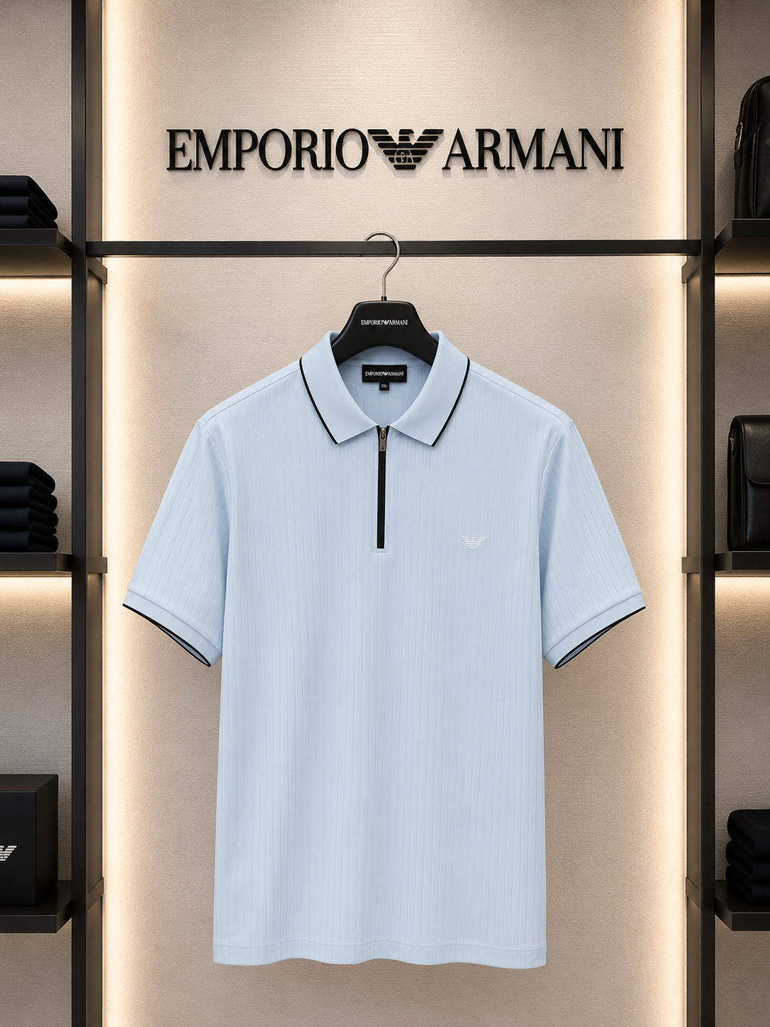 Emporio Armani Light Blue Ribbed Zip Polo Shirt – Premium Cotton Slim Fit | Men's Luxury Casual Polo