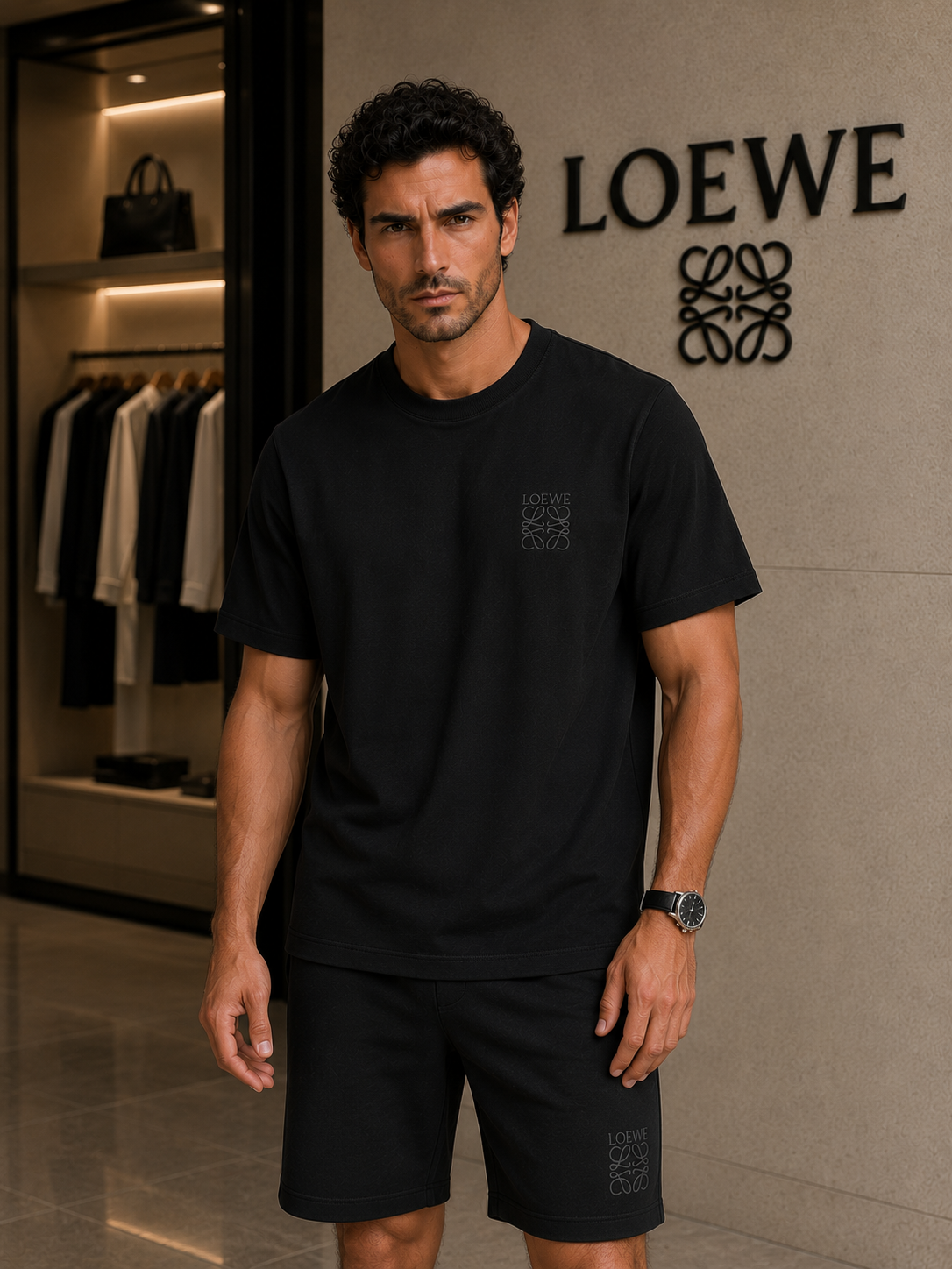 LOEWE Premium Black T-Shirt & Shorts Set