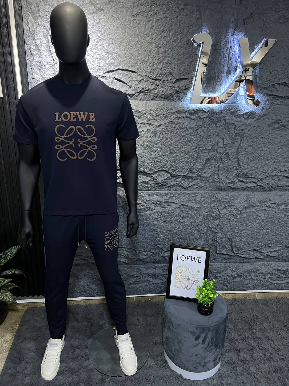 Loewe Navy Cotton T-Shirt & Shorts Set – Embossed Anagram Logo | Premium Men's Summer Set