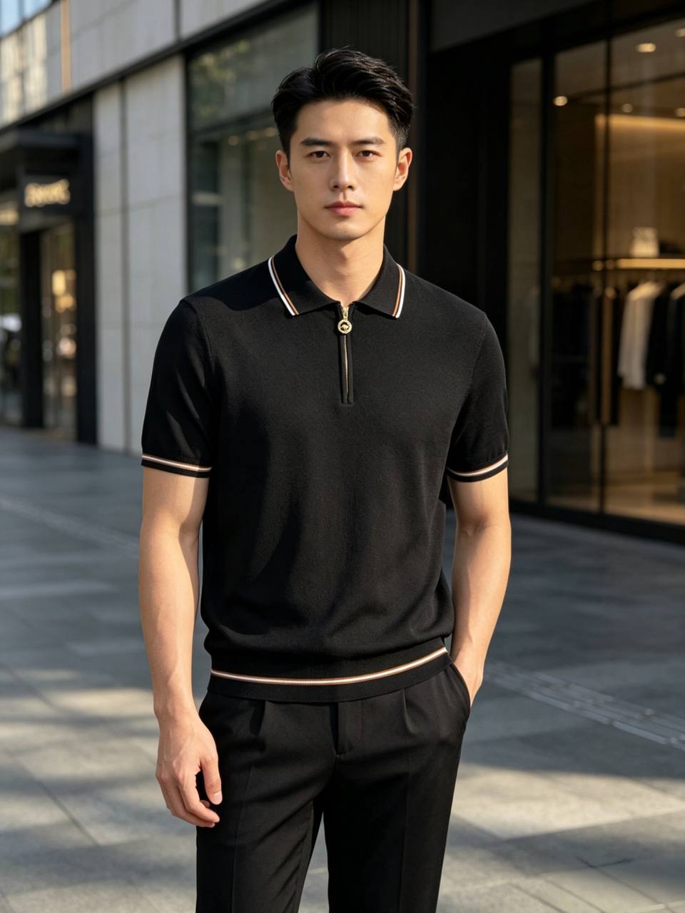 Stefano Ricci Half-Zip Knit Polo – Black