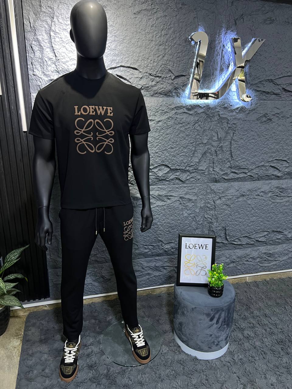 Loewe Black Luxury Tracksuit Set – Premium Cotton T-Shirt & Jogger | Men's Casual Streetwear Outfit