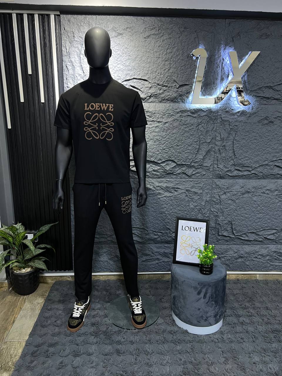 Loewe Black Luxury Tracksuit Set – Premium Cotton T-Shirt & Jogger | Men's Casual Streetwear Outfit