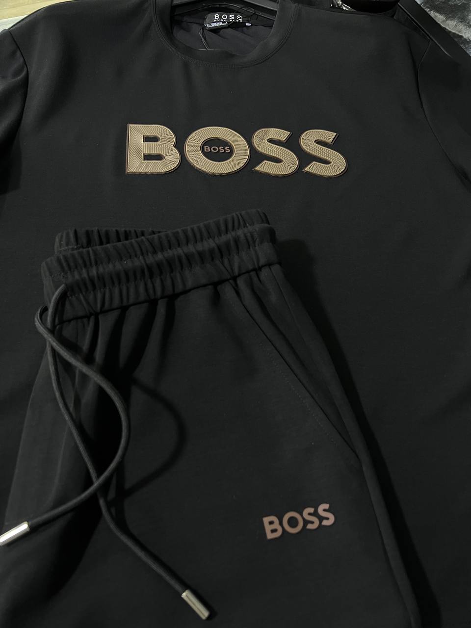 Boss - Premium Cotton Jersey T-Shirt and Trousers Set – Black with Signature Trim