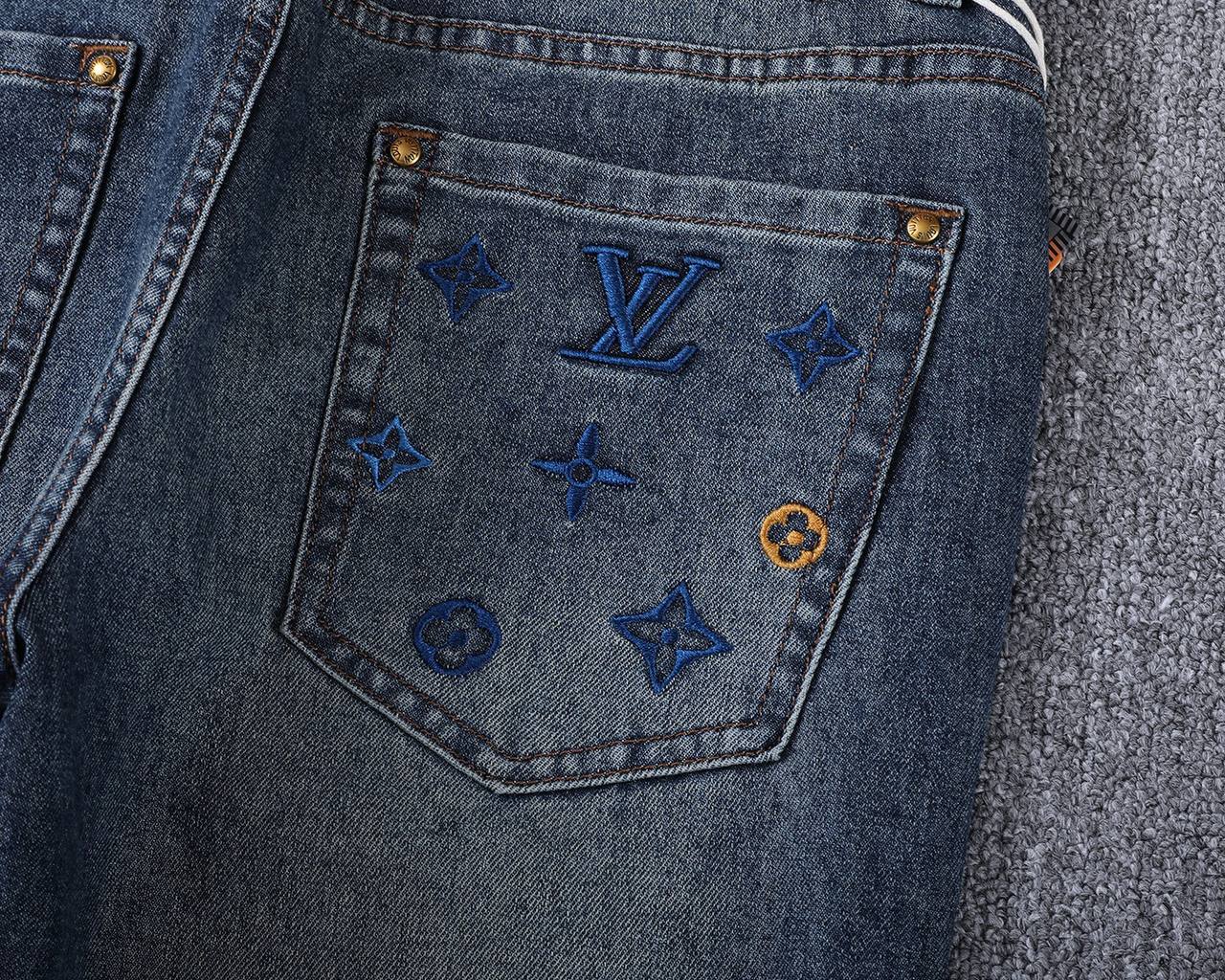 **Louis Vuitton Dark Wash Denim Jeans – Monogram Embroidered Pocket | Premium Men's Jeans**