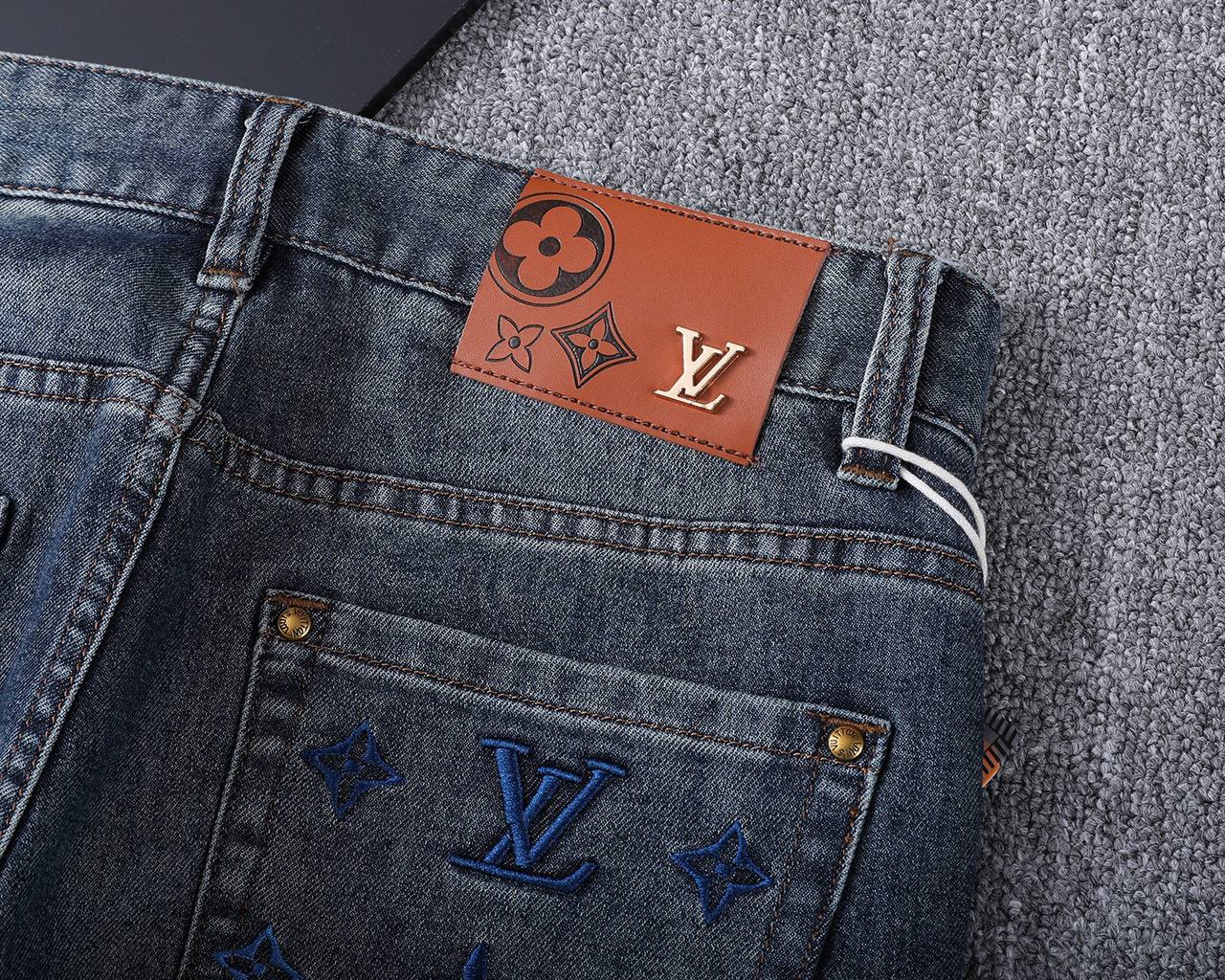 **Louis Vuitton Dark Wash Denim Jeans – Monogram Embroidered Pocket | Premium Men's Jeans**
