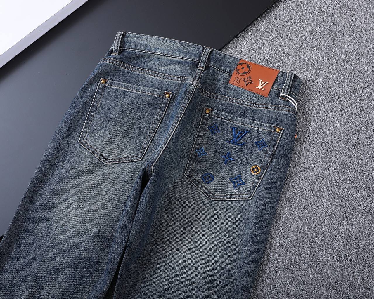 **Louis Vuitton Dark Wash Denim Jeans – Monogram Embroidered Pocket | Premium Men's Jeans**