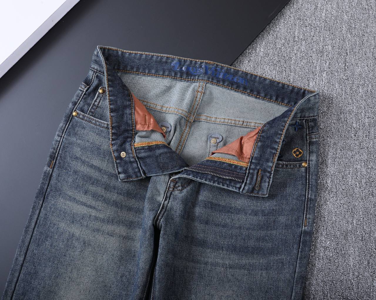 **Louis Vuitton Dark Wash Denim Jeans – Monogram Embroidered Pocket | Premium Men's Jeans**