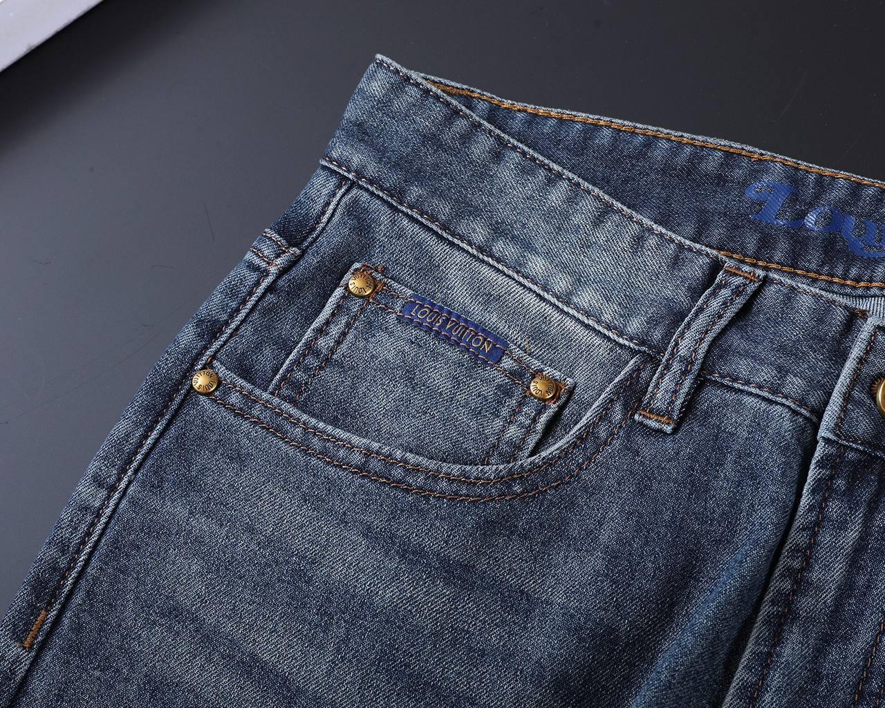 **Louis Vuitton Dark Wash Denim Jeans – Monogram Embroidered Pocket | Premium Men's Jeans**