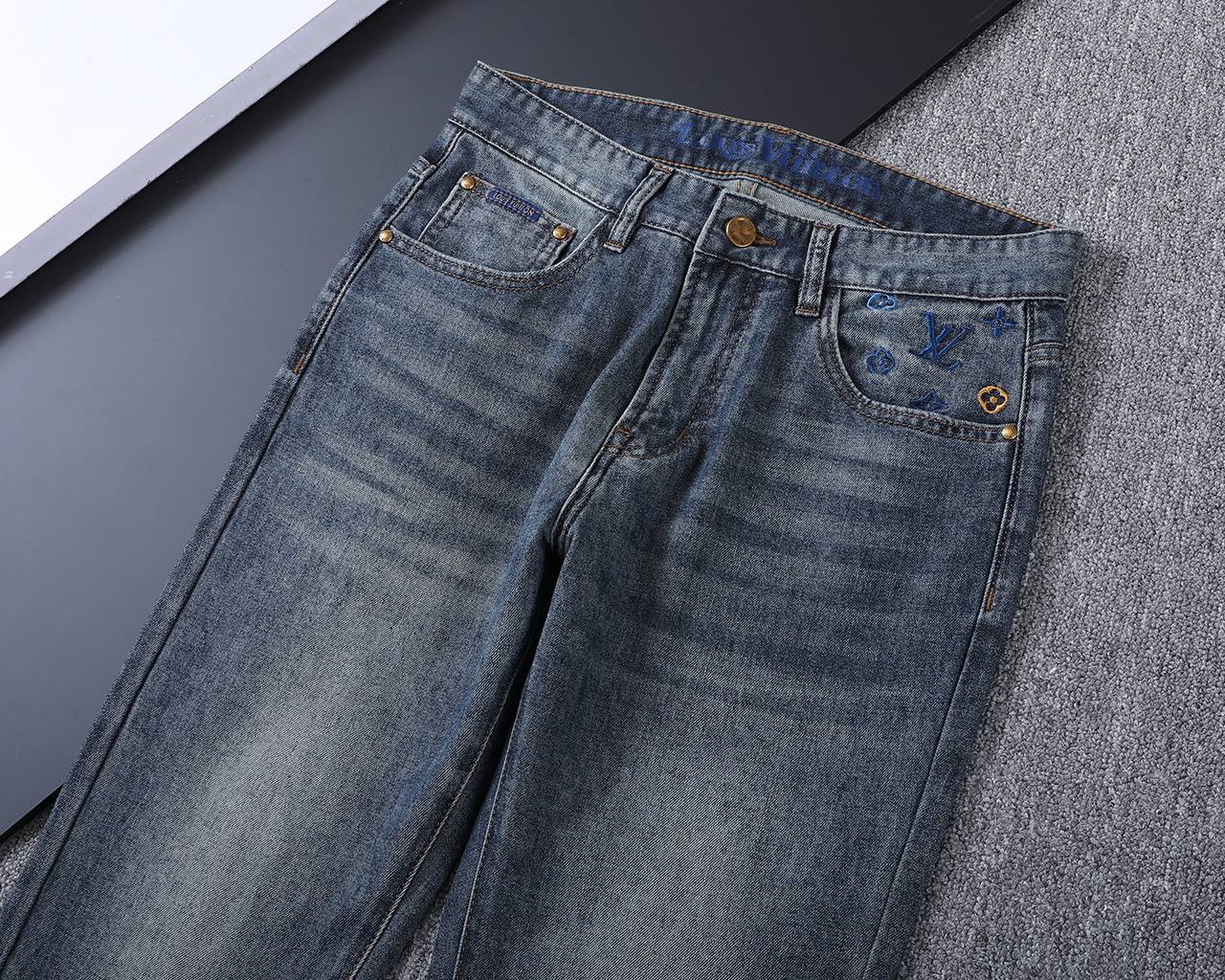 **Louis Vuitton Dark Wash Denim Jeans – Monogram Embroidered Pocket | Premium Men's Jeans**