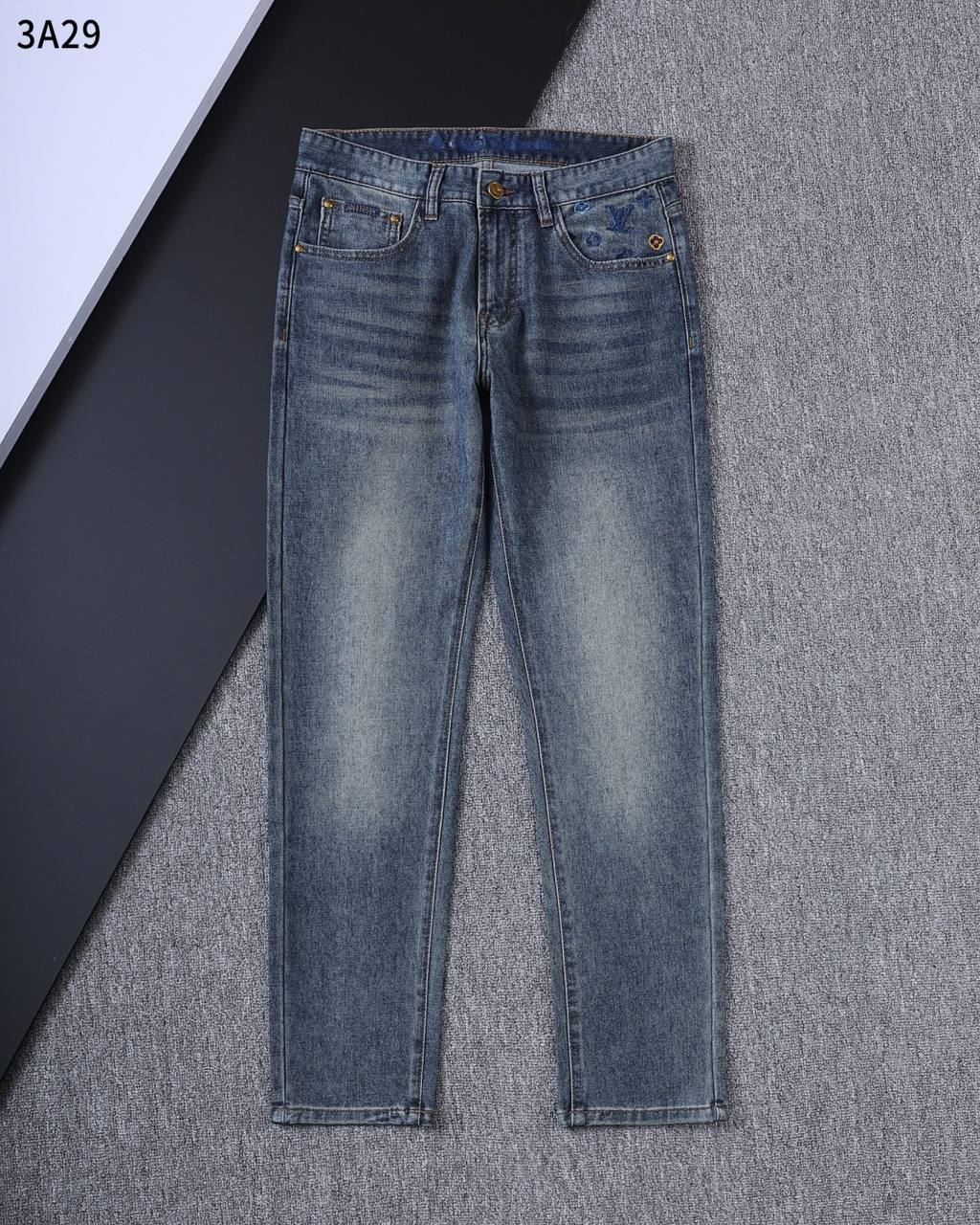 **Louis Vuitton Dark Wash Denim Jeans – Monogram Embroidered Pocket | Premium Men's Jeans**