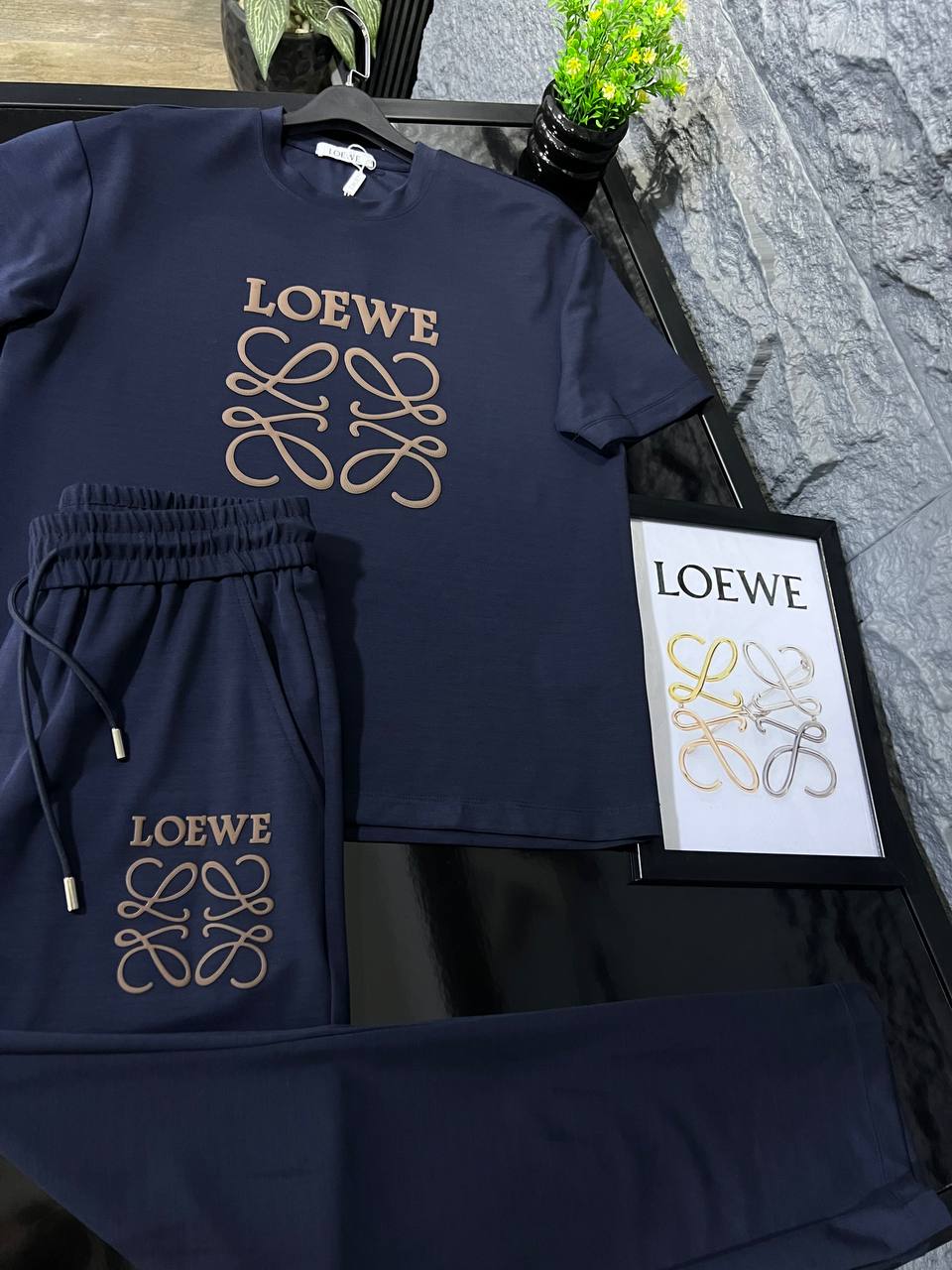 Loewe Navy Cotton T-Shirt & Shorts Set – Embossed Anagram Logo | Premium Men's Summer Set