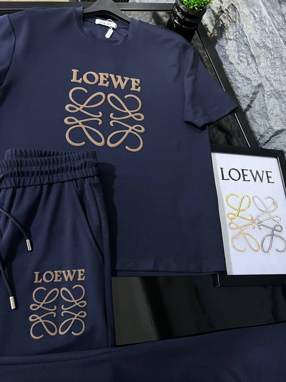 Loewe Navy Cotton T-Shirt & Shorts Set – Embossed Anagram Logo | Premium Men's Summer Set