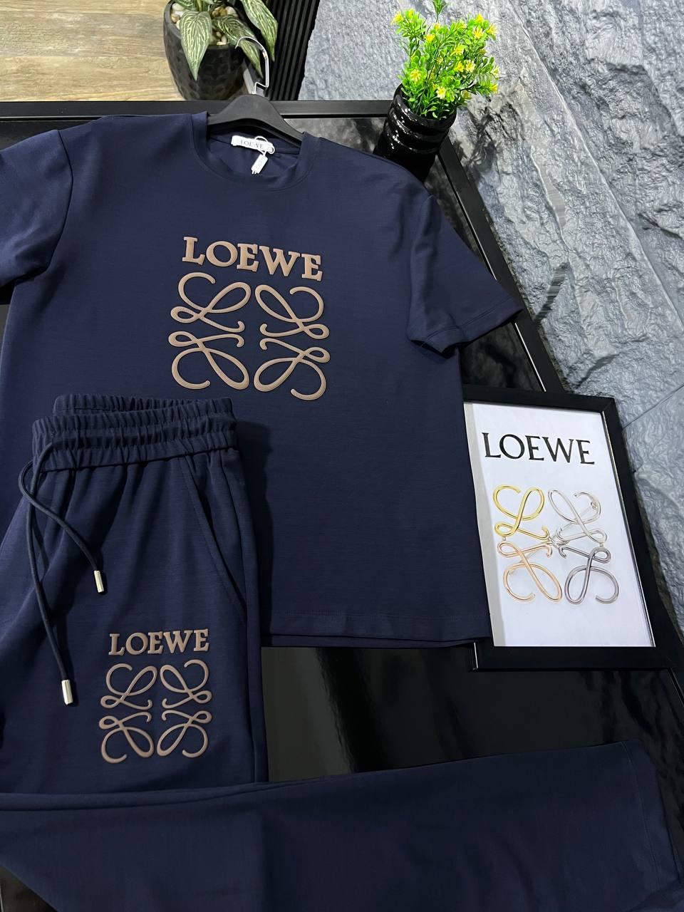 Loewe Navy Cotton T-Shirt & Shorts Set – Embossed Anagram Logo | Premium Men's Summer Set