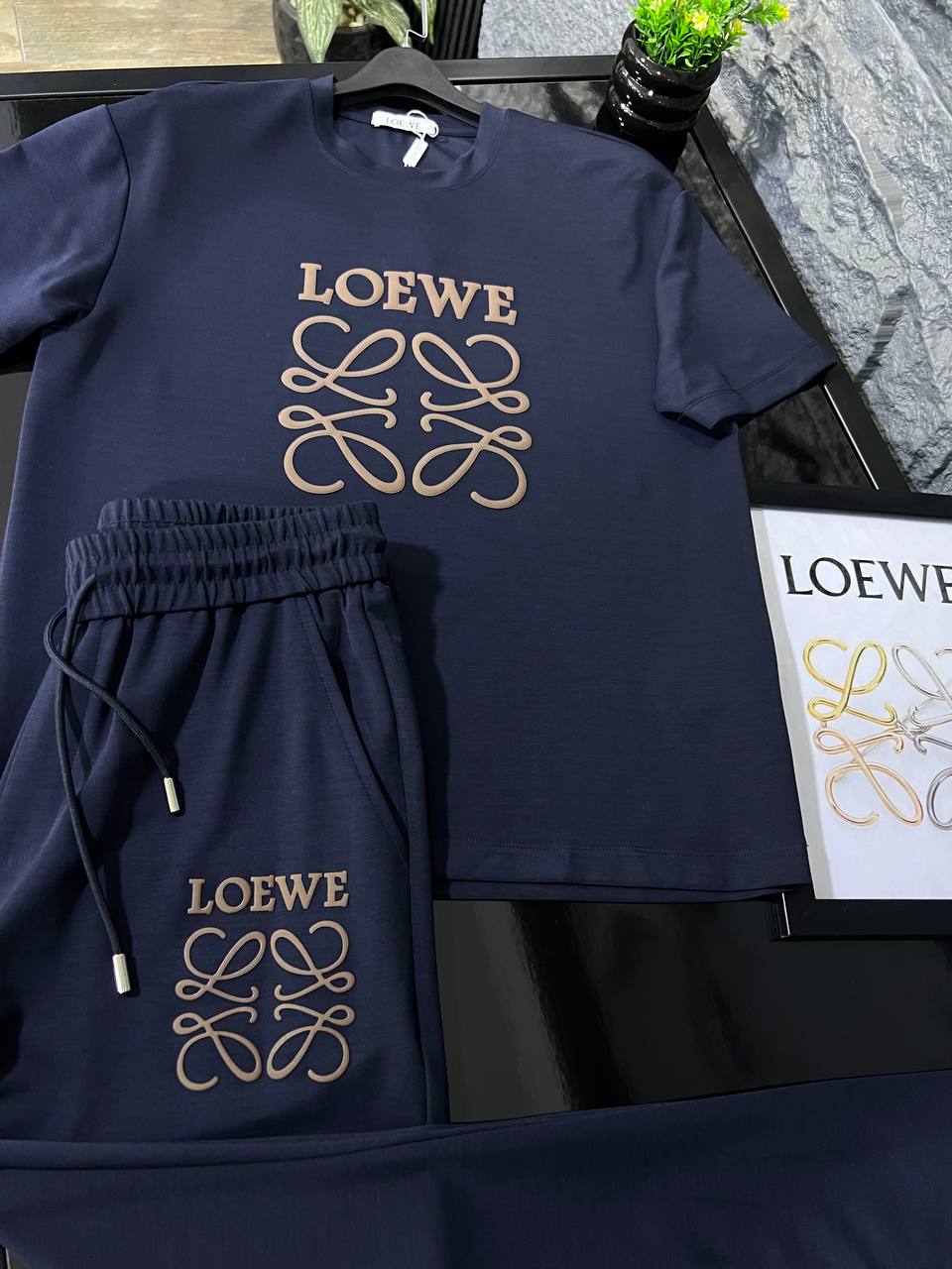 Loewe Navy Cotton T-Shirt & Shorts Set – Embossed Anagram Logo | Premium Men's Summer Set