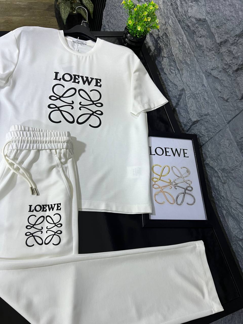Loewe White Luxury Tracksuit Set – Premium Cotton T-Shirt & Jogger | Men's Casual Summer Outfit