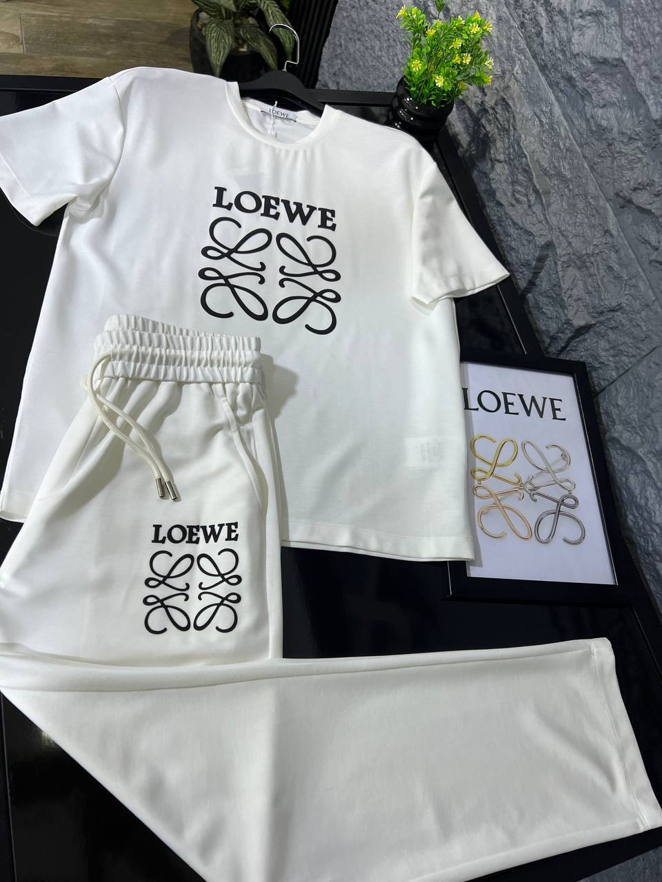 Loewe White Luxury Tracksuit Set – Premium Cotton T-Shirt & Jogger | Men's Casual Summer Outfit