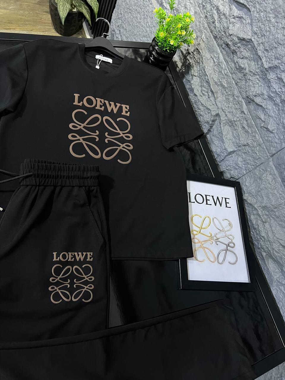 Loewe Black Luxury Tracksuit Set – Premium Cotton T-Shirt & Jogger | Men's Casual Streetwear Outfit
