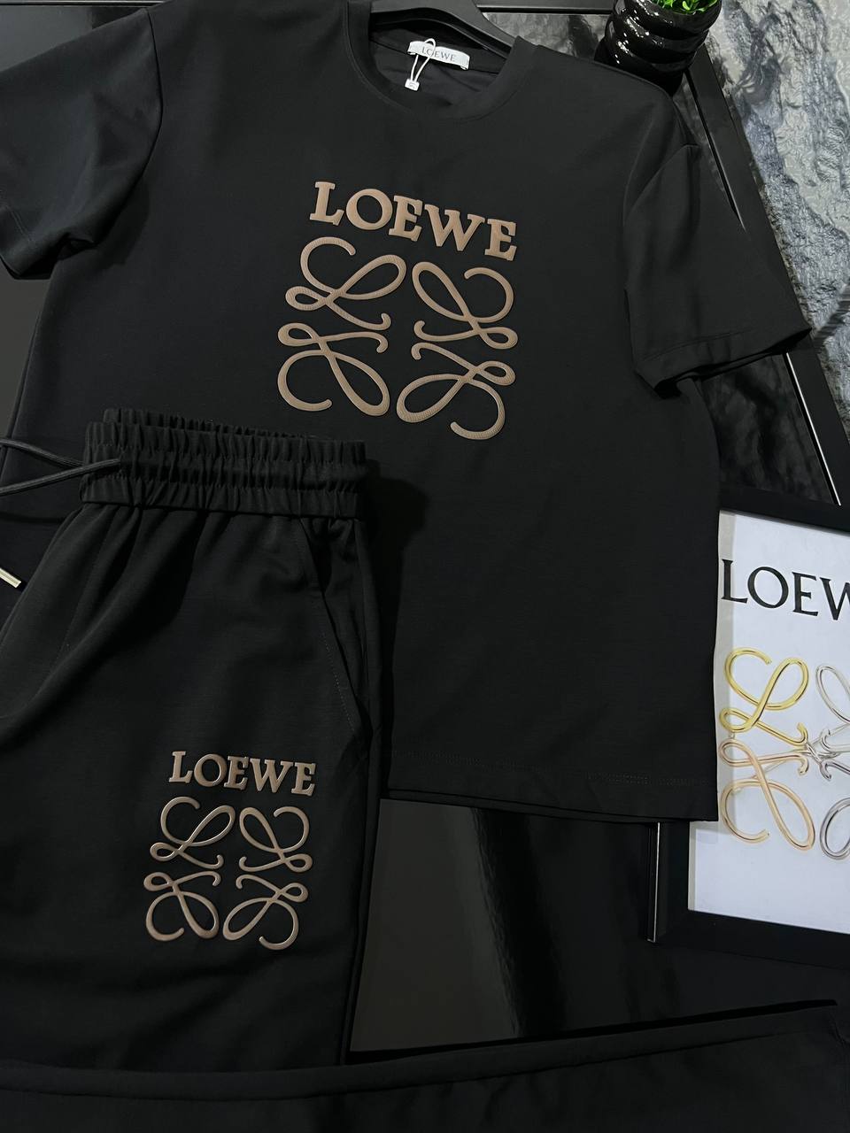 Loewe Black Luxury Tracksuit Set – Premium Cotton T-Shirt & Jogger | Men's Casual Streetwear Outfit