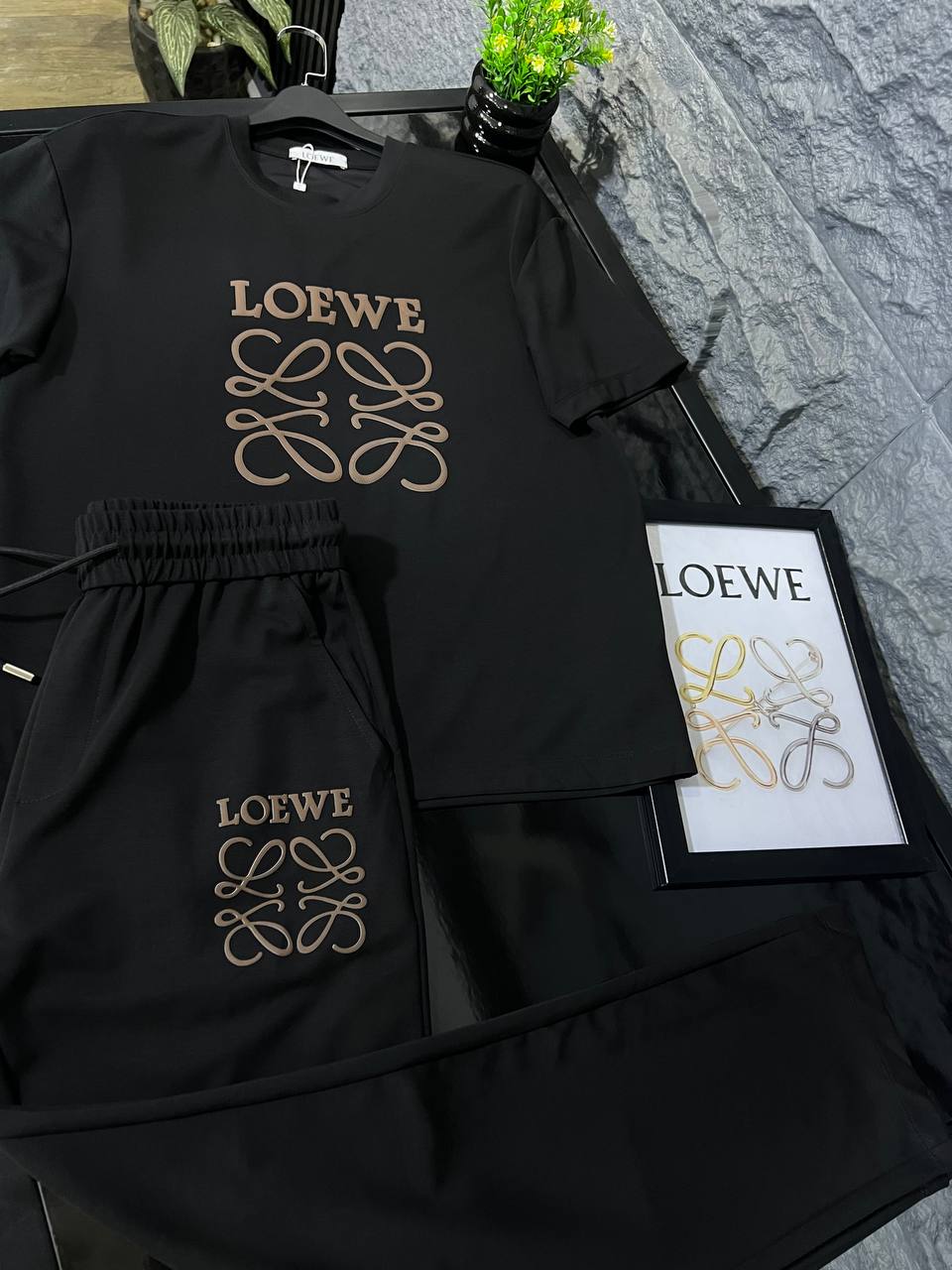 Loewe Black Luxury Tracksuit Set – Premium Cotton T-Shirt & Jogger | Men's Casual Streetwear Outfit